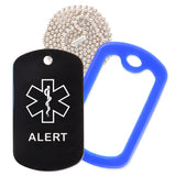 Black Medical ID Alert Necklace with Blue Rubber Silencer and 30'' Ball Chain