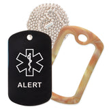 Black Medical ID Alert Necklace with Desert Camo Rubber Silencer and 30'' Ball Chain