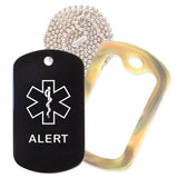Black Medical ID Alert Necklace with Forest Camo Rubber Silencer and 30'' Ball Chain
