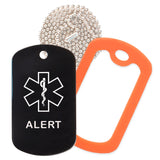 Black Medical ID Alert Necklace with Orange Rubber Silencer and 30'' Ball Chain