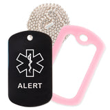 Black Medical ID Alert Necklace with Pink Rubber Silencer and 30'' Ball Chain