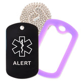 Black Medical ID Alert Necklace with Purple Rubber Silencer and 30'' Ball Chain