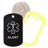 Black Medical ID Alert Necklace with Yellow Rubber Silencer and 30'' Ball Chain