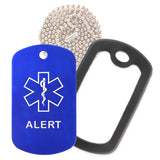 Blue Medical ID Alert Necklace with Black Rubber Silencer and 30'' Ball Chain