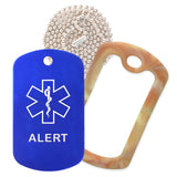 Blue Medical ID Alert Necklace with Desert Camo Rubber Silencer and 30'' Ball Chain