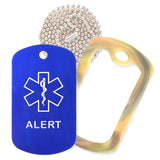 Blue Medical ID Alert Necklace with Forest Camo Rubber Silencer and 30'' Ball Chain