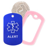 Blue Medical ID Alert Necklace with Pink Rubber Silencer and 30'' Ball Chain