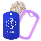 Blue Medical ID Alert Necklace with Purple Rubber Silencer and 30'' Ball Chain