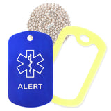Blue Medical ID Alert Necklace with Yellow Rubber Silencer and 30'' Ball Chain