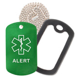 Green Medical ID Alert Necklace with Black Rubber Silencer and 30'' Ball Chain