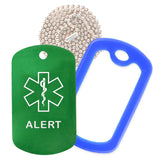 Green Medical ID Alert Necklace with Blue Rubber Silencer and 30'' Ball Chain