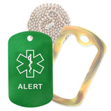 Green Medical ID Alert Necklace with Forest Camo Rubber Silencer and 30'' Ball Chain