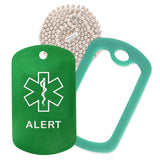 Green Medical ID Alert Necklace with Green Rubber Silencer and 30'' Ball Chain