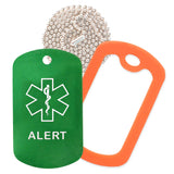Green Medical ID Alert Necklace with Orange Rubber Silencer and 30'' Ball Chain