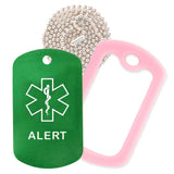 Green Medical ID Alert Necklace with Pink Rubber Silencer and 30'' Ball Chain