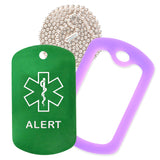 Green Medical ID Alert Necklace with Purple Rubber Silencer and 30'' Ball Chain