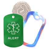 Green Medical ID Alert Necklace with Red White and Blue Rubber Silencer and 30'' Ball Chain