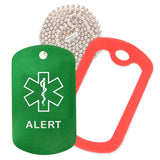 Green Medical ID Alert Necklace with Red Rubber Silencer and 30'' Ball Chain
