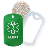 Green Medical ID Alert Necklace with White Rubber Silencer and 30'' Ball Chain
