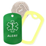 Green Medical ID Alert Necklace with Yellow Rubber Silencer and 30'' Ball Chain