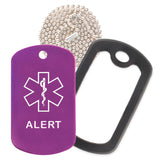 Purple Medical ID Alert Necklace with Black Rubber Silencer and 30'' Ball Chain
