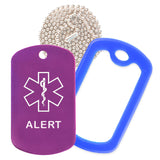 Purple Medical ID Alert Necklace with Blue Rubber Silencer and 30'' Ball Chain