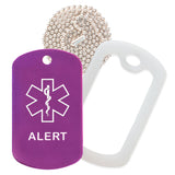 Purple Medical ID Alert Necklace with Clear Rubber Silencer and 30'' Ball Chain