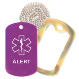 Purple Medical ID Alert Necklace with Forest Camo Rubber Silencer and 30'' Ball Chain