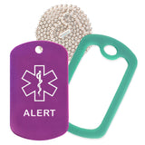 Purple Medical ID Alert Necklace with Green Rubber Silencer and 30'' Ball Chain