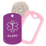 Purple Medical ID Alert Necklace with Pink Rubber Silencer and 30'' Ball Chain