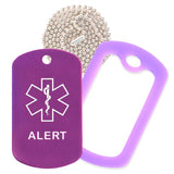 Purple Medical ID Alert Necklace with Purple Rubber Silencer and 30'' Ball Chain