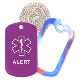 Purple Medical ID Alert Necklace with Red White and Blue Rubber Silencer and 30'' Ball Chain