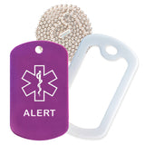 Purple Medical ID Alert Necklace with White Rubber Silencer and 30'' Ball Chain