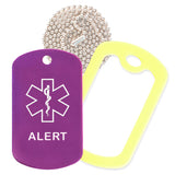 Purple Medical ID Alert Necklace with Yellow Rubber Silencer and 30'' Ball Chain
