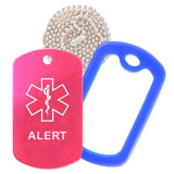 Hot Pink Medical ID Alert Necklace with Blue Rubber Silencer and 30'' Ball Chain
