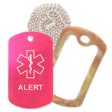 Hot Pink Medical ID Alert Necklace with Desert Camo Rubber Silencer and 30'' Ball Chain