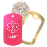 Hot Pink Medical ID Alert Necklace with Forest Camo Rubber Silencer and 30'' Ball Chain