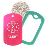 Hot Pink Medical ID Alert Necklace with Green Rubber Silencer and 30'' Ball Chain