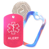 Hot Pink Medical ID Alert Necklace with Red White and Blue Rubber Silencer and 30'' Ball Chain