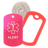 Hot Pink Medical ID Alert Necklace with Red Rubber Silencer and 30'' Ball Chain