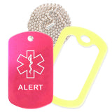 Hot Pink Medical ID Alert Necklace with Yellow Rubber Silencer and 30'' Ball Chain