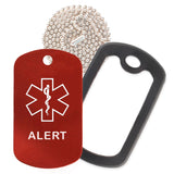 Red Medical ID Alert Necklace with Black Rubber Silencer and 30'' Ball Chain