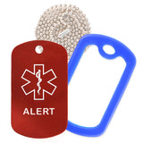 Red Medical ID Alert Necklace with Blue Rubber Silencer and 30'' Ball Chain