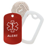 Red Medical ID Alert Necklace with Clear Rubber Silencer and 30'' Ball Chain