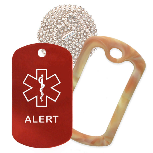 Red Medical ID Alert Necklace with Desert Camo Rubber Silencer and 30'' Ball Chain
