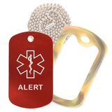 Red Medical ID Alert Necklace with Forest Camo Rubber Silencer and 30'' Ball Chain