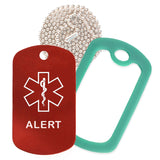 Red Medical ID Alert Necklace with Green Rubber Silencer and 30'' Ball Chain