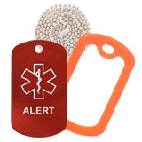 Red Medical ID Alert Necklace with Orange Rubber Silencer and 30'' Ball Chain