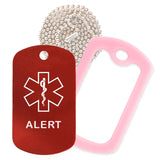 Red Medical ID Alert Necklace with Purple Rubber Silencer and 30'' Ball Chain