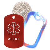 Red Medical ID Alert Necklace with Red White and Blue Rubber Silencer and 30'' Ball Chain